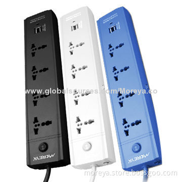 Universal Standard Power Sockets with 4 Socket Outlets and US Plug + 2 USB Plugs, Overload Protector